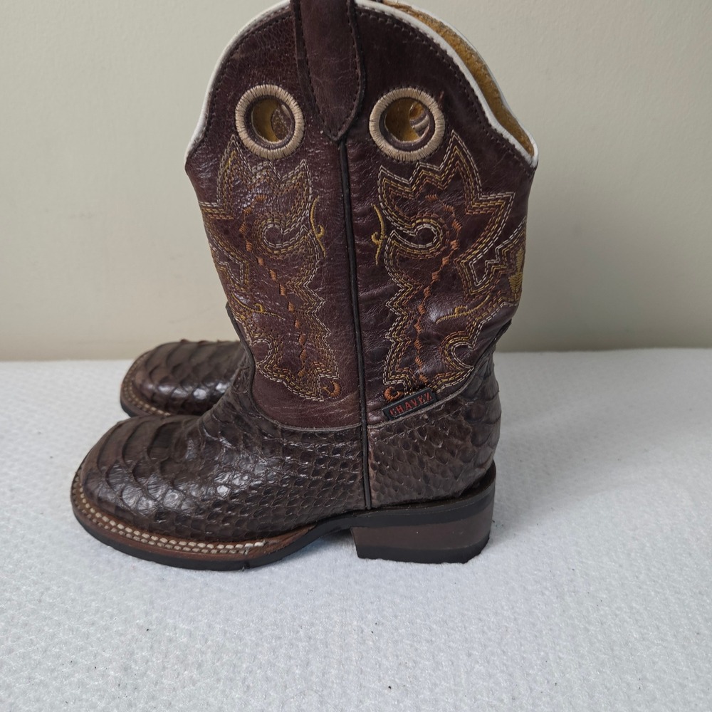 Chavez Kids Brown Faux Python Leather Square Toe Western Cowboy Boots Size 12C